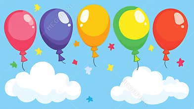 Colorful balloons floating above clouds and stars