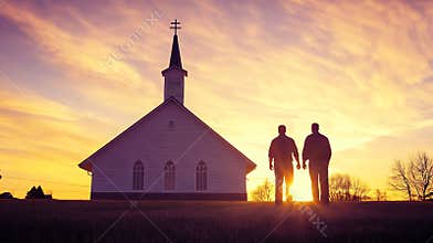 Generative AI Silhouetted Figures Approaching Historic Church at Sunrise Reflecting Spiritual Journey business con