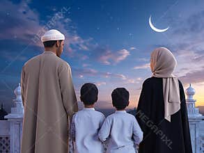 Muslim Family Welcoming Crescent Moon in Twilight Sky with Mosque Background. Ramadan Concept.