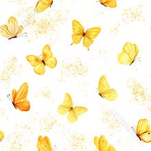 watercolor seamless pattern yellow butterflies and golden glitter, hand painted butterfly illustration white background