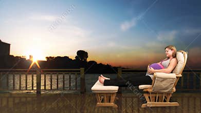Pregnant woman on rocking chair city skyline at sunset, stock footage