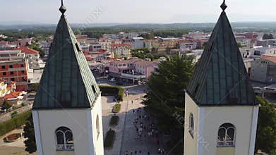 Close up aerial view of the church of Medjugorje
