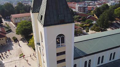 Close up aerial view of the church of Medjugorje