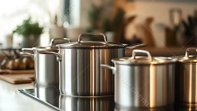 Pots and pans arranged on a stove top, ready for use