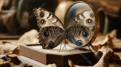 Magnifying glass examines butterfly specimen on wooden display, autumn leaves background; nature study