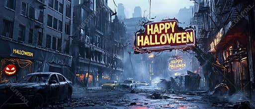 Neon sign Happy Halloween in abandoned city, spooky apocalyptic scene with scary bats, concept of horror