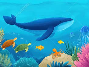 Cartoon Blue Whale with Turtles, Jellyfish, and Fishes Swimming in the Ocean