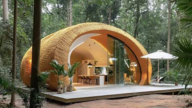 Eco friendly Innovative Architecture Designed for a Sustainable Future in a Lush Forest Environment Generative AI