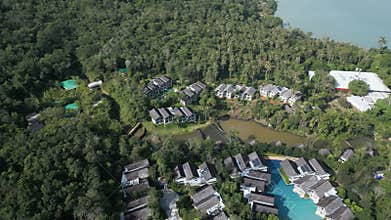 Aerial view of island resorts with sandy beaches and clear ocean waves