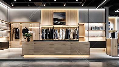 The interior of a contemporary clothing store features elegant displays of clothing and accessories with warm lighting