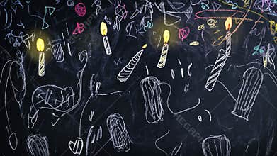 Children's Chalk Drawings on Blackboard with Lit Candles A festive birthday scene
