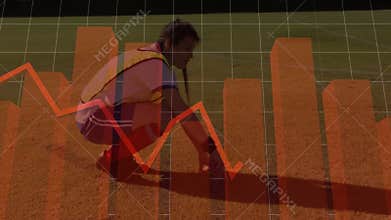 Person crouching on sports field with declining graph animation overlay