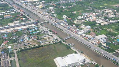 Aerial View of Riverside City with river and Bridges