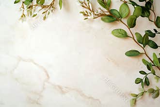 Elegant greenery sprigs on a marble surface with subtle light and delicate leaves for a natural, minimalist design, AI