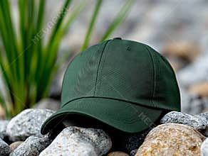 A green baseball cap sitting on a pile of rocks