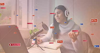 Recording podcast, woman wearing headphones with animation of social media icons