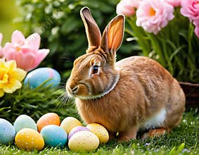 Easter Bunny with Colorful Eggs in Flower Garden - Concept of Spring, Easter Celebration and Symbol of Good Luck