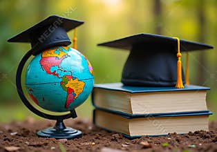 Globe with Graduation Cap and Books in Nature - Symbol of Global Education and Academic Success