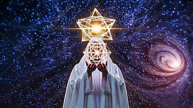 Mysterious silhouette floating, revealing luminous merkaba star amid swirling cosmic nebulae, representing transcendent