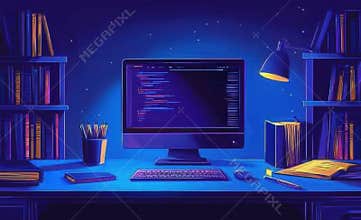 Modern digital workspace with desktop computer and books under night illumination