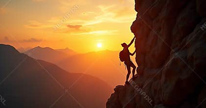 Rock Climber Silhouetted Against a Fiery Sunset on a Vertical Climb