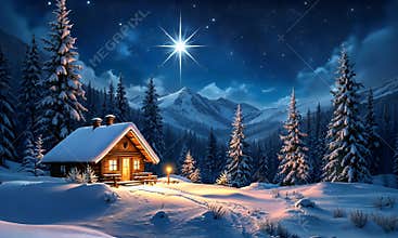 4K Starry Winter Night Cottage Cozy Snowy Cabin Under Christmas Star
