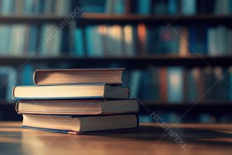 Stacked books on a wooden table in a quiet library during daylight hours