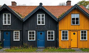 Row of charming, colorful, wooden houses