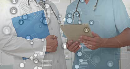 Doctors holding clipboards with social media icons animation over them