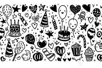 Quirky Birthday Border with Doodle Cakes, Balloons, Stars, and Hearts for Fun Designs