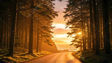 Scenic forest road through tall pine trees leading to beautiful golden ocean sunset with sun rays