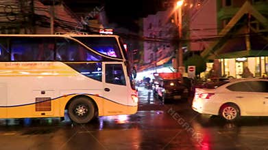 Rainy Busy Thailand Pattaya City Street Road Cars at Night