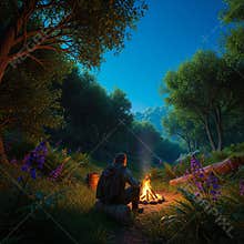 AI image of a lone medieval vagabond sitting by a campfire in heavily forested wilderness in the evening