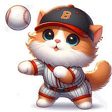 A cute fluffy cat wearing baseball outfit and hat, playing with a ball, cartoon, white background