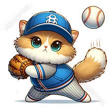 Adorable fluffy cat playing baseball, wearing a trendy baseball outfits, cartoon style, white background