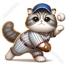 Adorable fluffy cat in baseball costums, throwing a ball, white background, cartoon