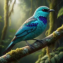 An AI generated image of colorful bird perching on a branch in forest