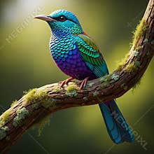 An AI generated image of colorful bird perching on a branch in forest