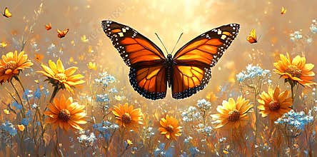 Monarch butterfly flying over sunflowers, soft golden light. Impressionistic style. Perfect for summer, autumn, nature, or