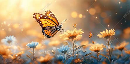 Monarch butterfly in golden hour light soaring over sunflowers. Impressionistic, serene, warm. Perfect for autumn, Thanksgiving,