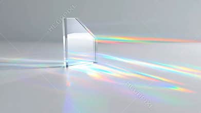glass prism refracting sunlight onto clean white surface, optical light play