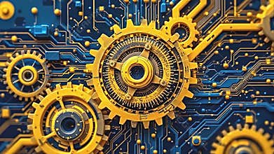 futuristic gears and circuits intertwining, dynamic animation representing innovation, rapid transitioning Generative AI