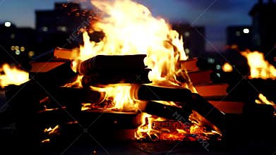 Close-up of old books burning intensely in a large bonfire with glowing embers and dark urban background at night