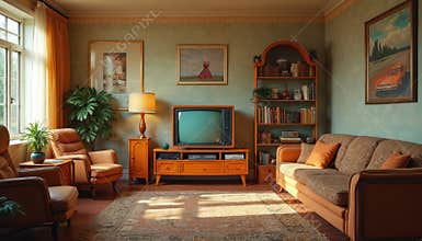 Retro 1970s living room with vintage furniture decor. Orange TV set, patterned wallpapers, wooden bookshelf and lamps. Interior