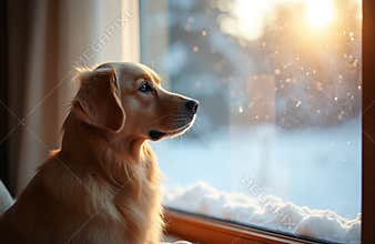 Golden retriever dog looks out window on snowy winter day. Cozy indoor home scene with domestic pet. Cute dog waits at glass