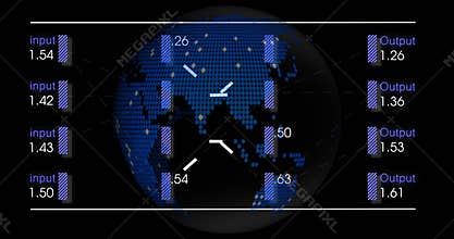 Blue dot-matrix globe representing data flow connecting purple-striped input bars to output bars
