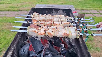 Sturgeon shashlik on skewers, cooked on a charcoal grill outdoors.