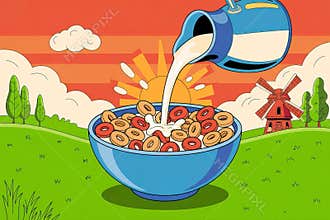 Milk Pouring into Cereal Rings Bowl with Windmill and Sunrise Cartoon