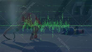 Male athlete crouching and adjusting prosthetic running blade on track, overlaying health data