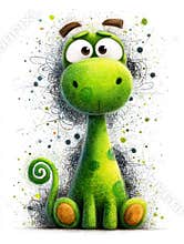 A scribble-style cartoon Brachiosaurus with a tall green neck, chaotic spiraled lines, a small head with crossed eyes and a